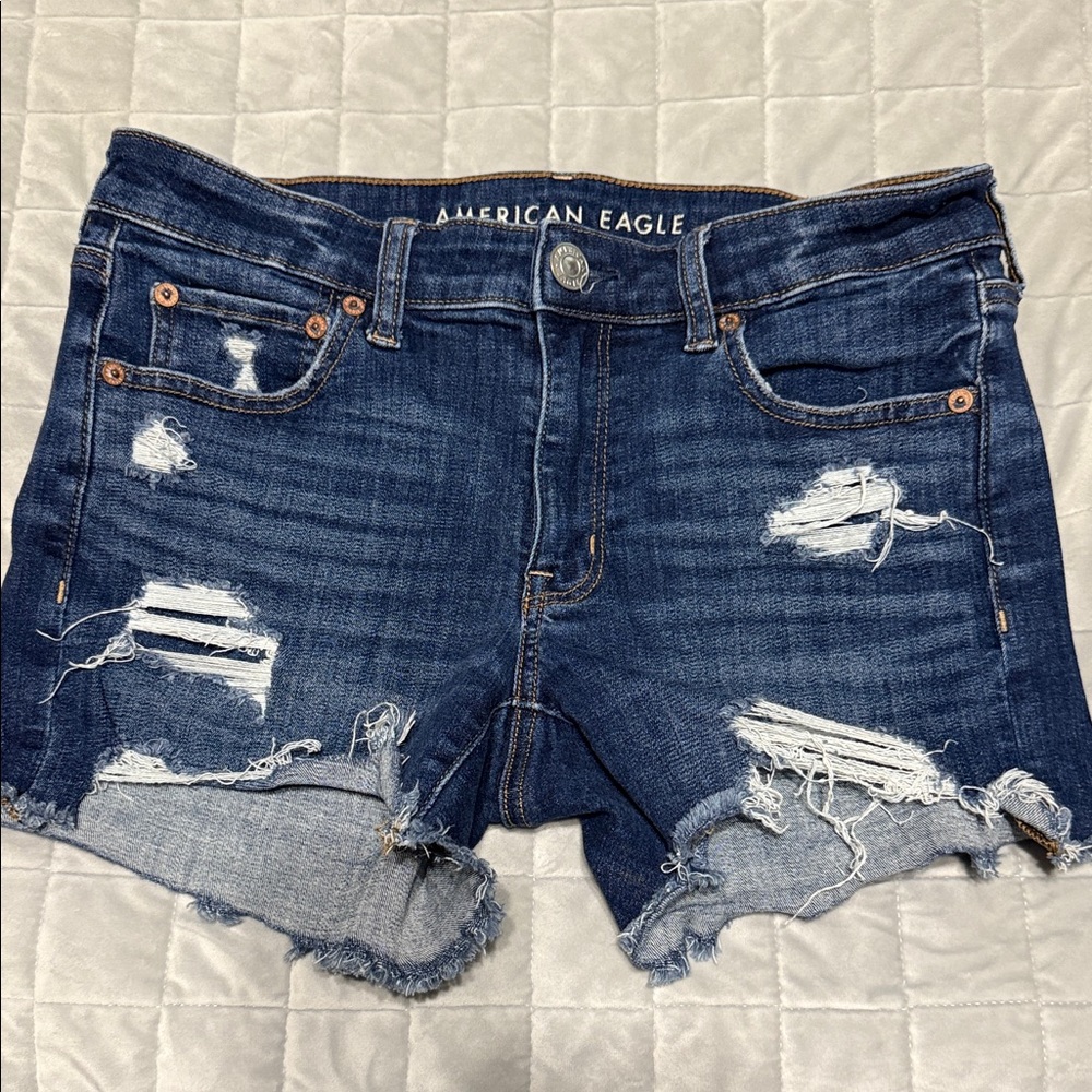 American Eagle Outfitters Women's Ripped Dark Blue Jean Shorts